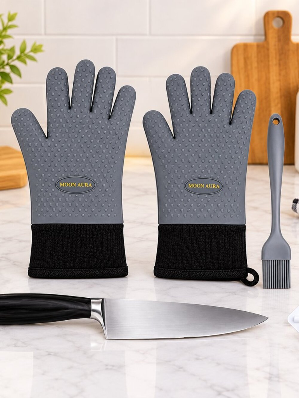 Moon Aura BBQ Gloves Heat Resistant Waterproof Silicone Oven Mitts 13.38"